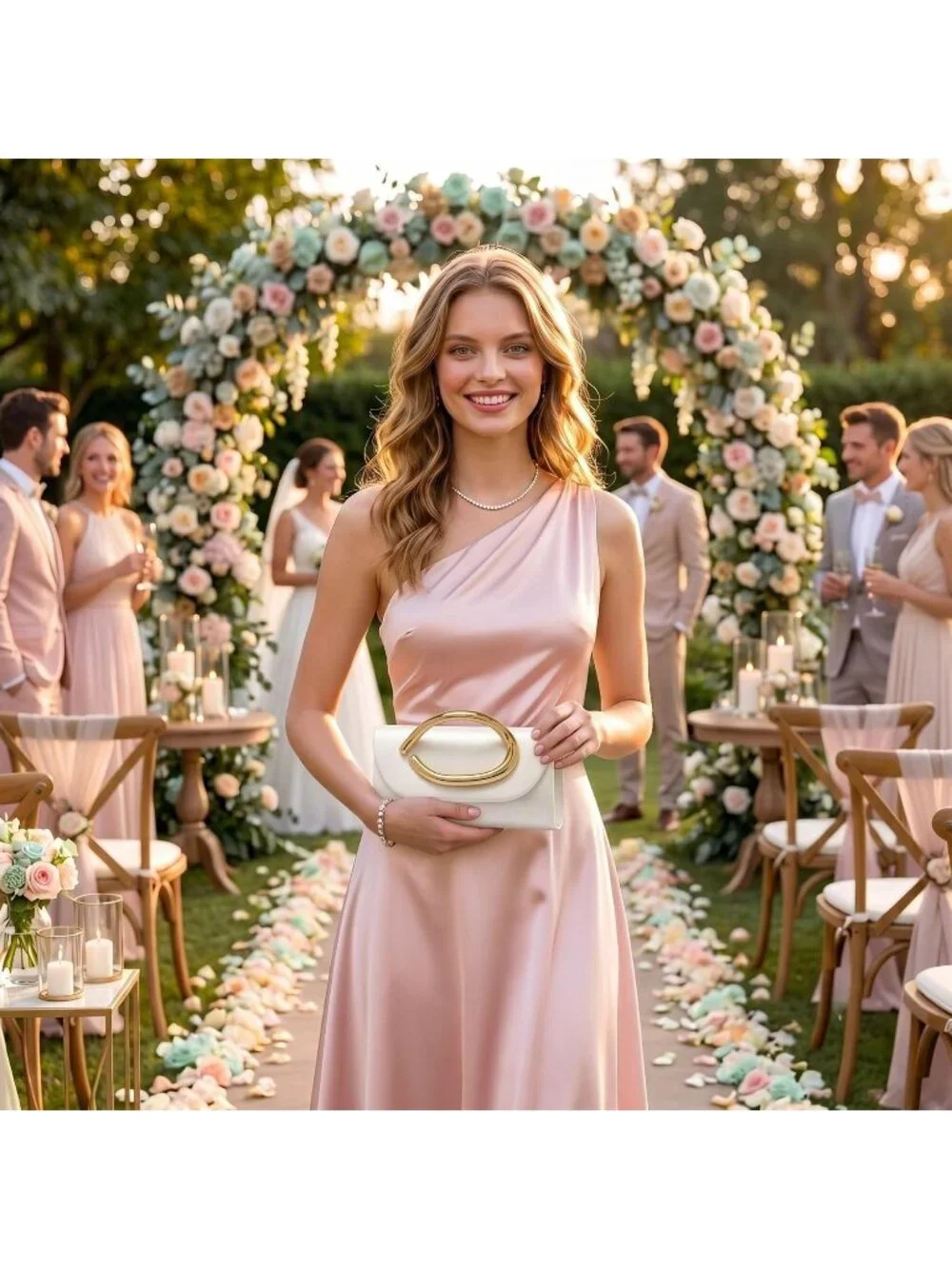 👜Women's White Vegan Leather Clutch Gold Handle Evening Bag Wedding Party